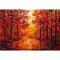 Vibrant autumn forest wall art with glowing orange trees and reflective woodland landscape