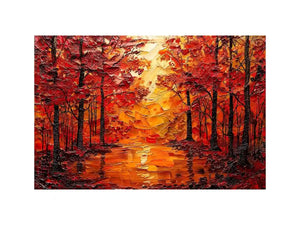 Vibrant autumn forest wall art with glowing orange trees and reflective woodland landscape