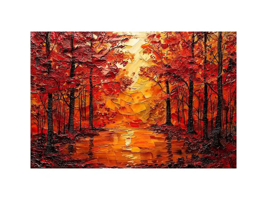Vibrant autumn forest wall art with glowing orange trees and reflective woodland landscape