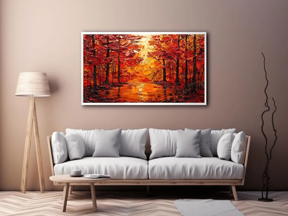 Vibrant autumn forest wall art with glowing orange trees and reflective woodland landscape