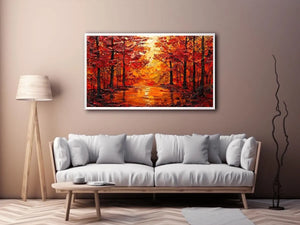 Vibrant autumn forest wall art with glowing orange trees and reflective woodland landscape