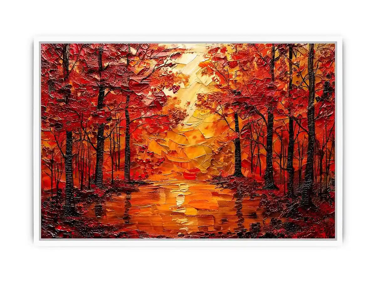 Vibrant autumn forest wall art with glowing orange trees and reflective woodland landscape