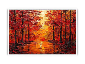 Vibrant autumn forest wall art with glowing orange trees and reflective woodland landscape