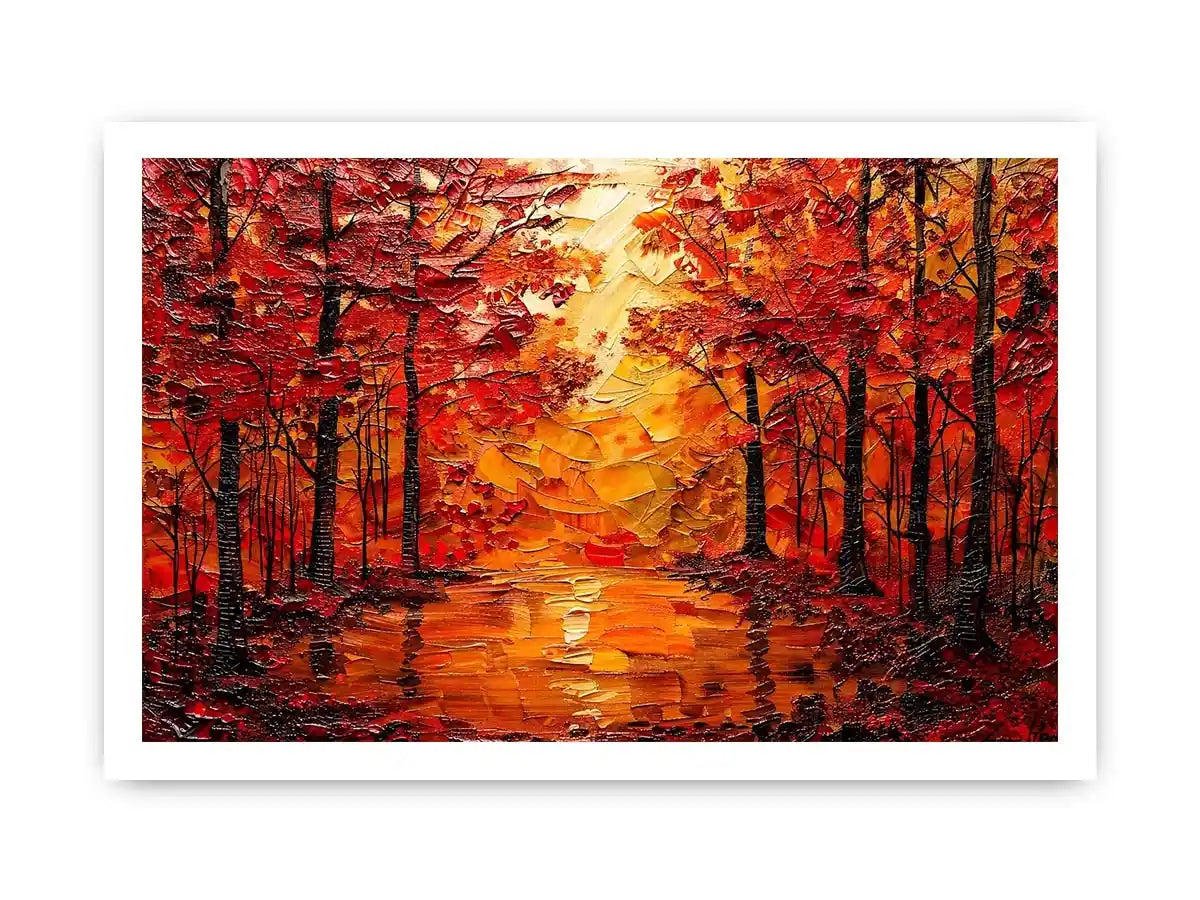 Vibrant autumn forest wall art with glowing orange trees and reflective woodland landscape
