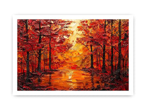Vibrant autumn forest wall art with glowing orange trees and reflective woodland landscape