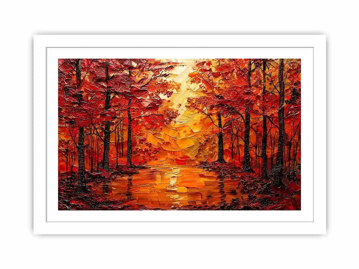 Vibrant autumn forest wall art with glowing orange trees and reflective woodland landscape
