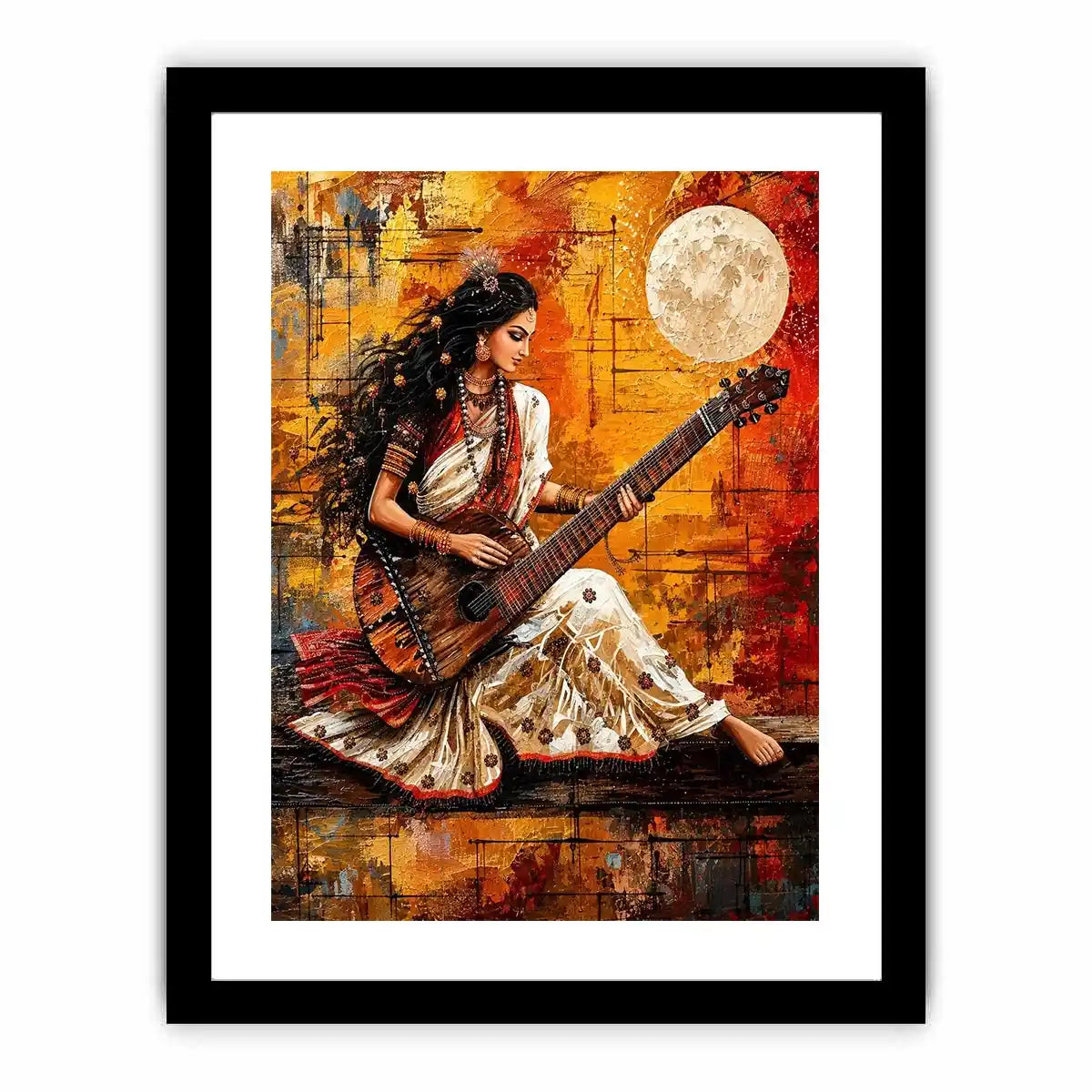 Indian woman musician wall art with traditional instrument and vibrant bohemian artistic background