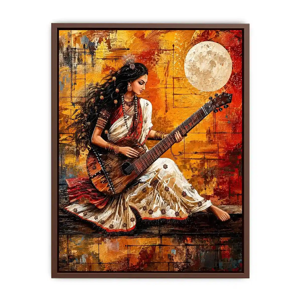 Indian woman musician wall art with traditional instrument and vibrant bohemian artistic background