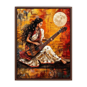 Indian woman musician wall art with traditional instrument and vibrant bohemian artistic background