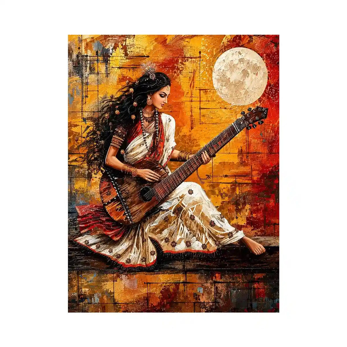Indian woman musician wall art with traditional instrument and vibrant bohemian artistic background