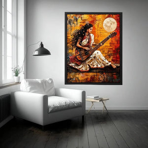 Indian woman musician wall art with traditional instrument and vibrant bohemian artistic background