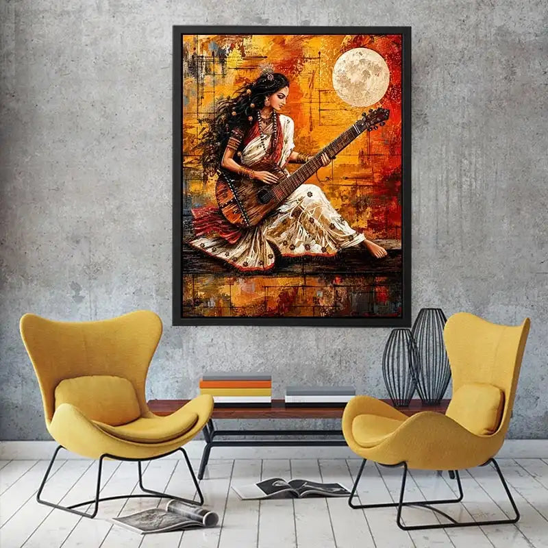 Indian woman musician wall art with traditional instrument and vibrant bohemian artistic background