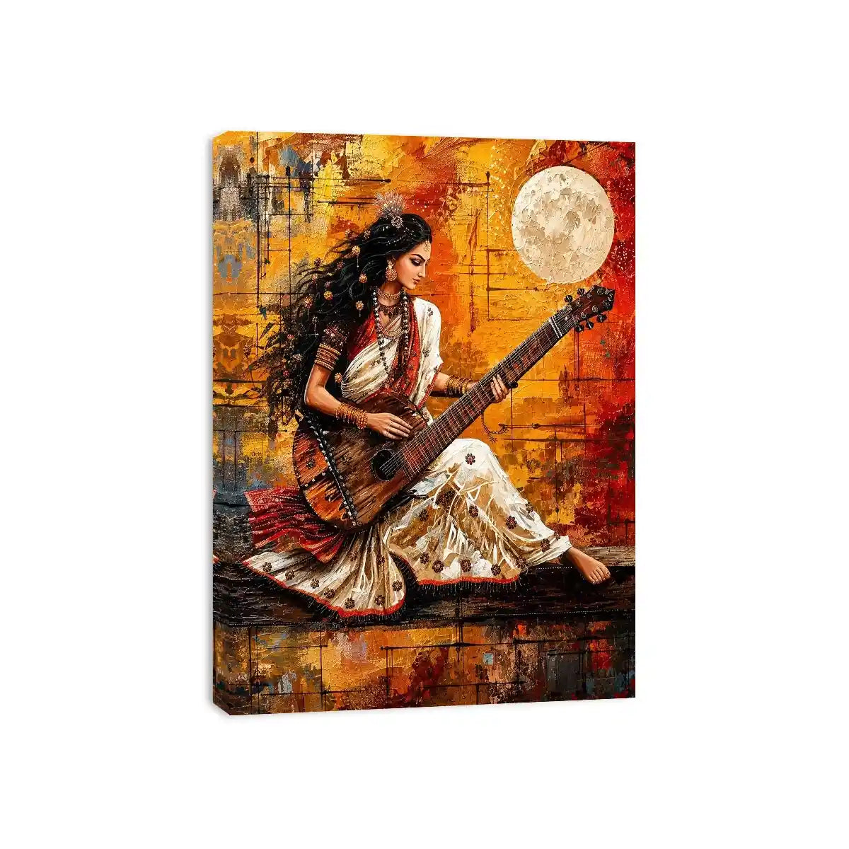 Indian woman musician wall art with traditional instrument and vibrant bohemian artistic background