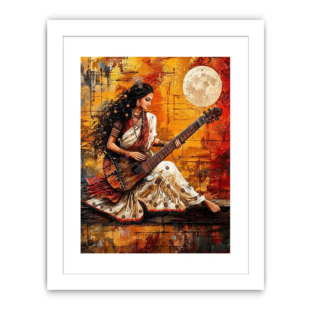 Indian woman musician wall art with traditional instrument and vibrant bohemian artistic background