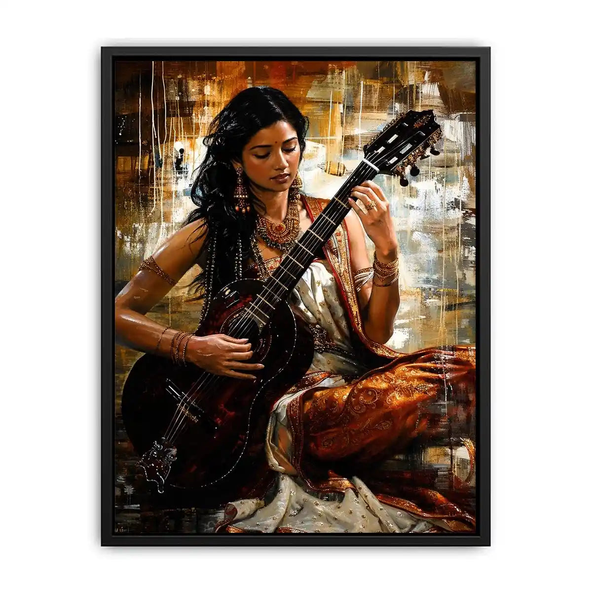 Indian woman guitarist wall art with traditional jewelry and rich bohemian artistic textures