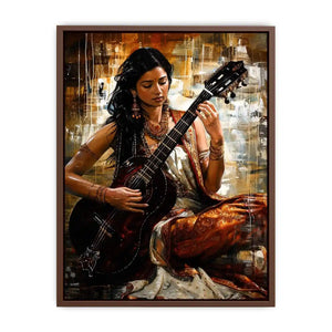 Indian woman guitarist wall art with traditional jewelry and rich bohemian artistic textures