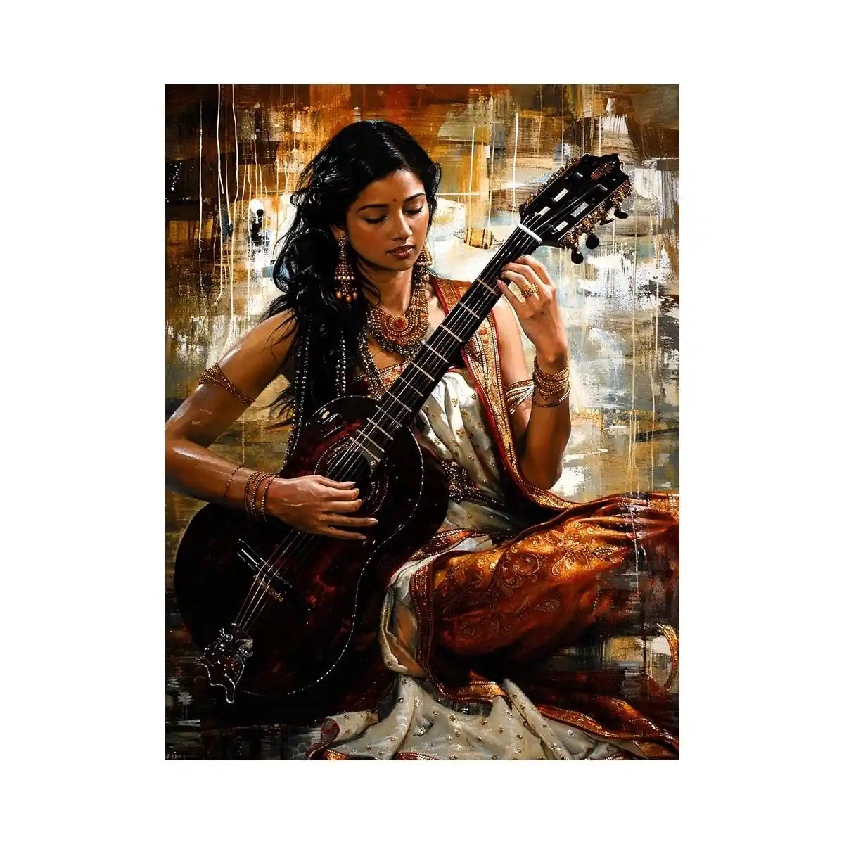 Indian woman guitarist wall art with traditional jewelry and rich bohemian artistic textures