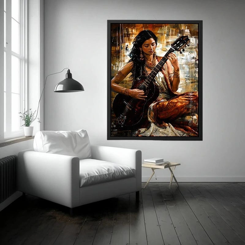 Indian woman guitarist wall art with traditional jewelry and rich bohemian artistic textures