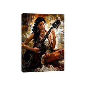 Indian woman guitarist wall art with traditional jewelry and rich bohemian artistic textures