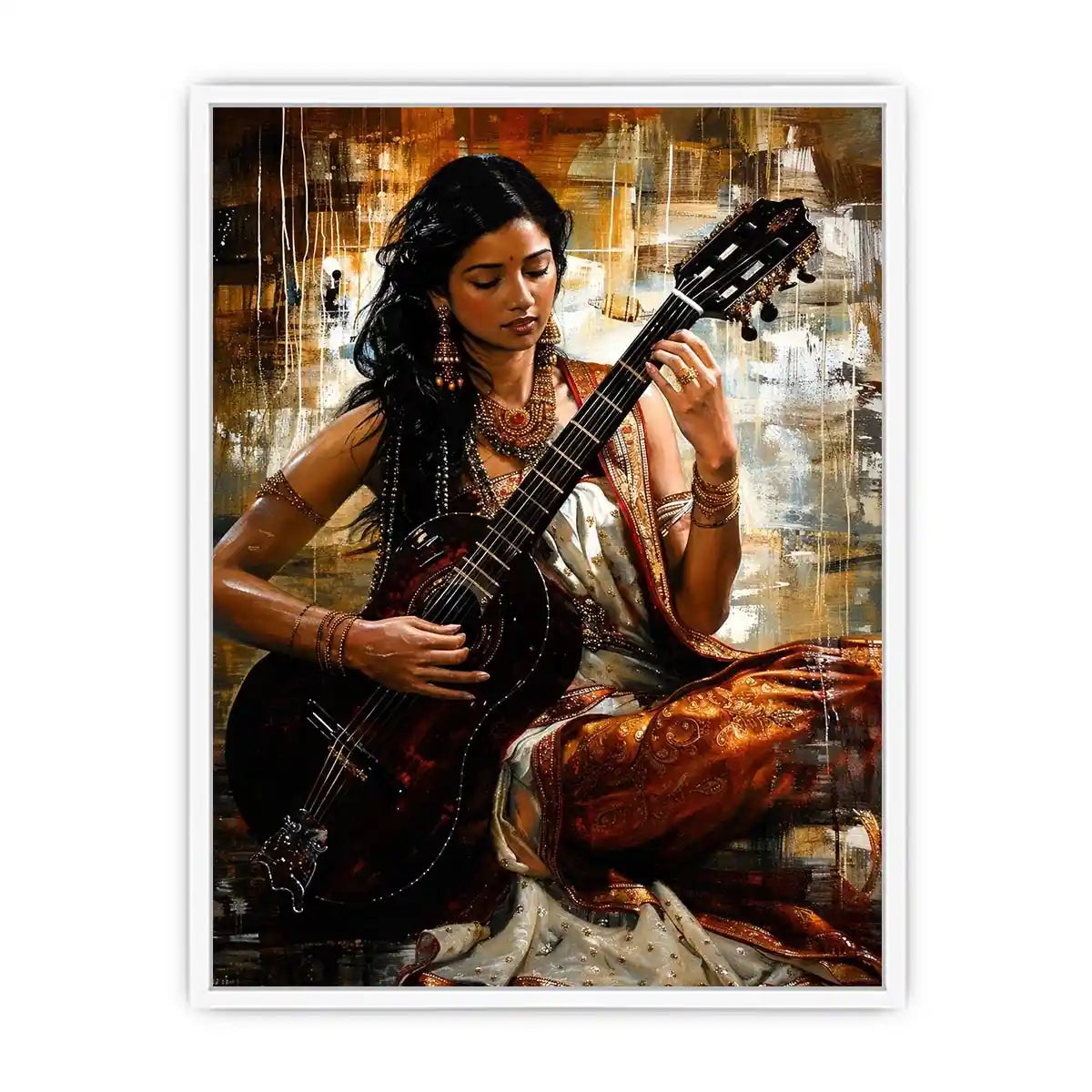 Indian woman guitarist wall art with traditional jewelry and rich bohemian artistic textures