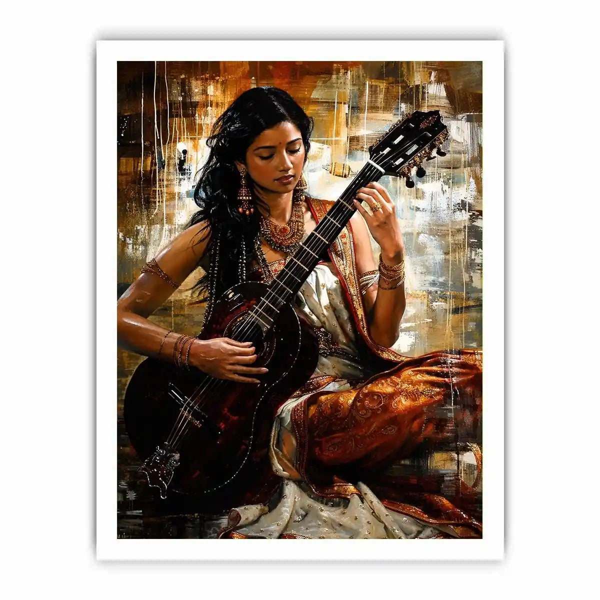 Indian woman guitarist wall art with traditional jewelry and rich bohemian artistic textures