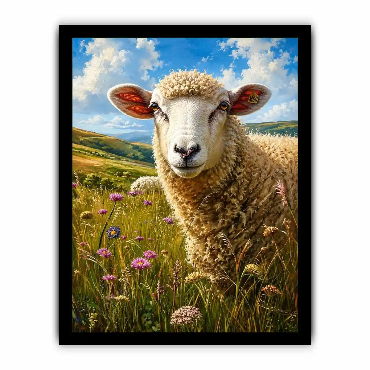 Peaceful sheep meadow wall art with wildflowers and soft countryside farmhouse landscape