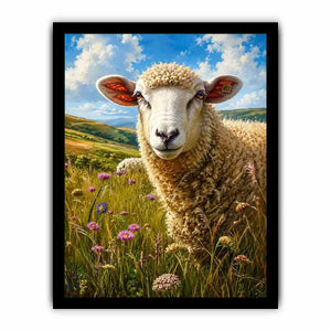 Peaceful sheep meadow wall art with wildflowers and soft countryside farmhouse landscape