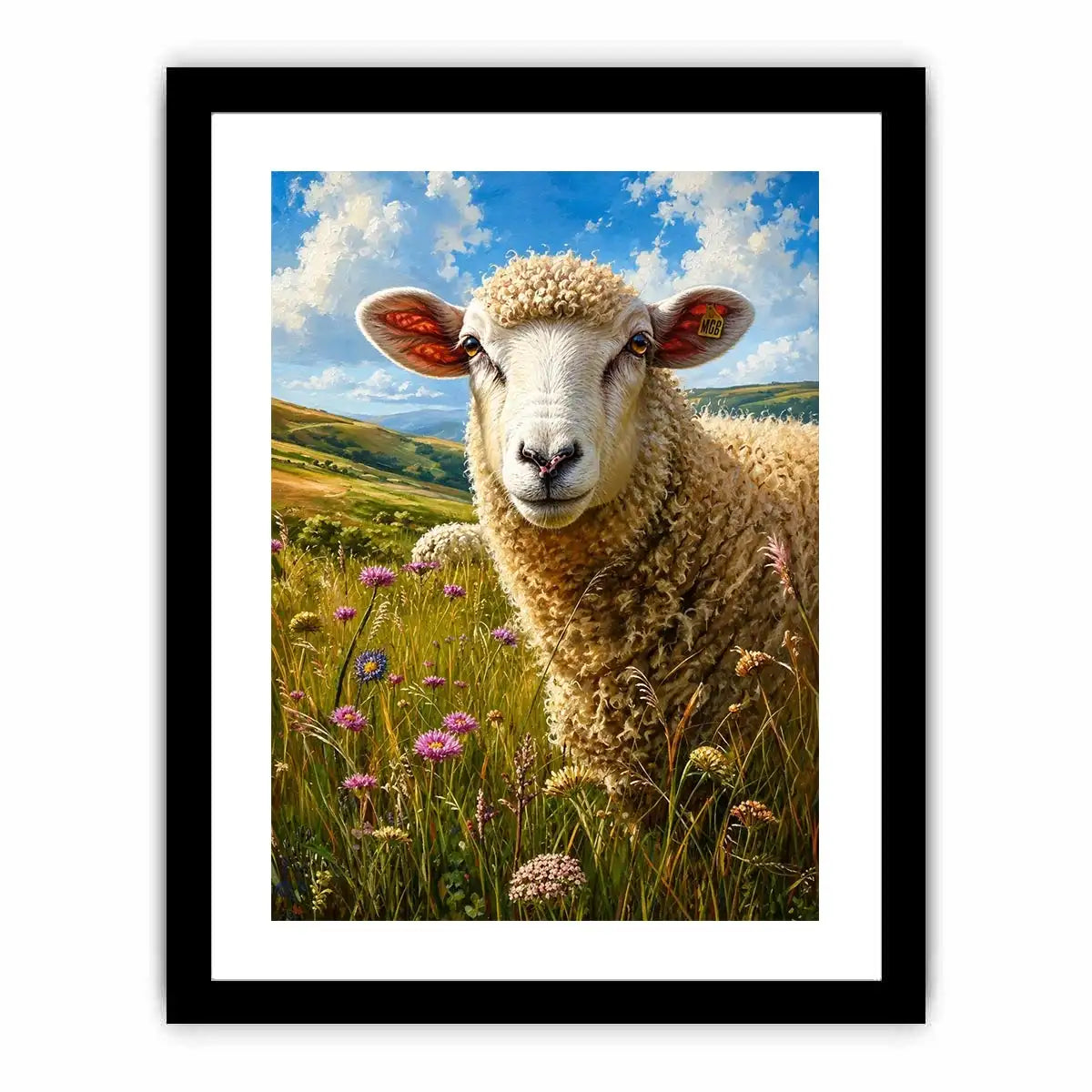 Peaceful sheep meadow wall art with wildflowers and soft countryside farmhouse landscape