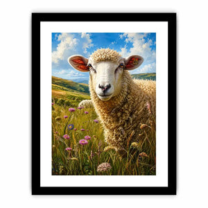 Peaceful sheep meadow wall art with wildflowers and soft countryside farmhouse landscape