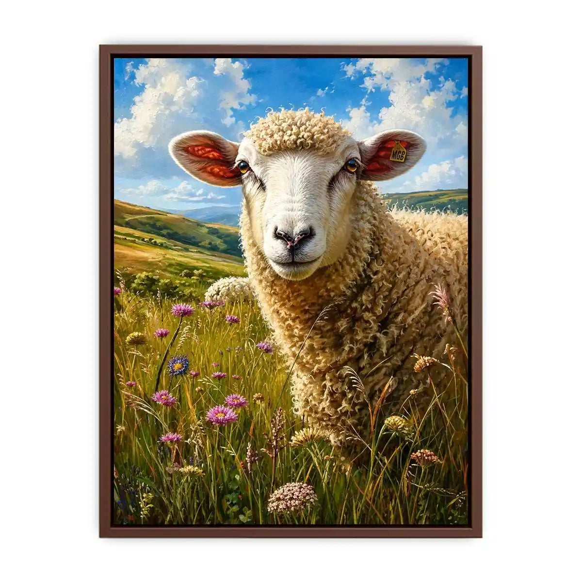 Peaceful sheep meadow wall art with wildflowers and soft countryside farmhouse landscape