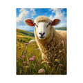 Peaceful sheep meadow wall art with wildflowers and soft countryside farmhouse landscape