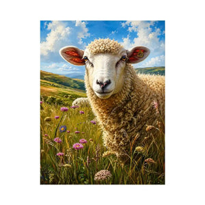 Peaceful sheep meadow wall art with wildflowers and soft countryside farmhouse landscape