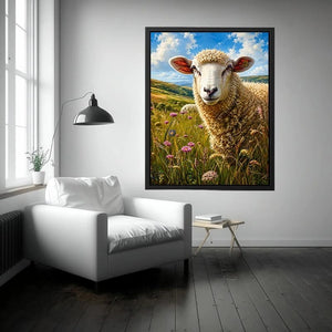 Peaceful sheep meadow wall art with wildflowers and soft countryside farmhouse landscape