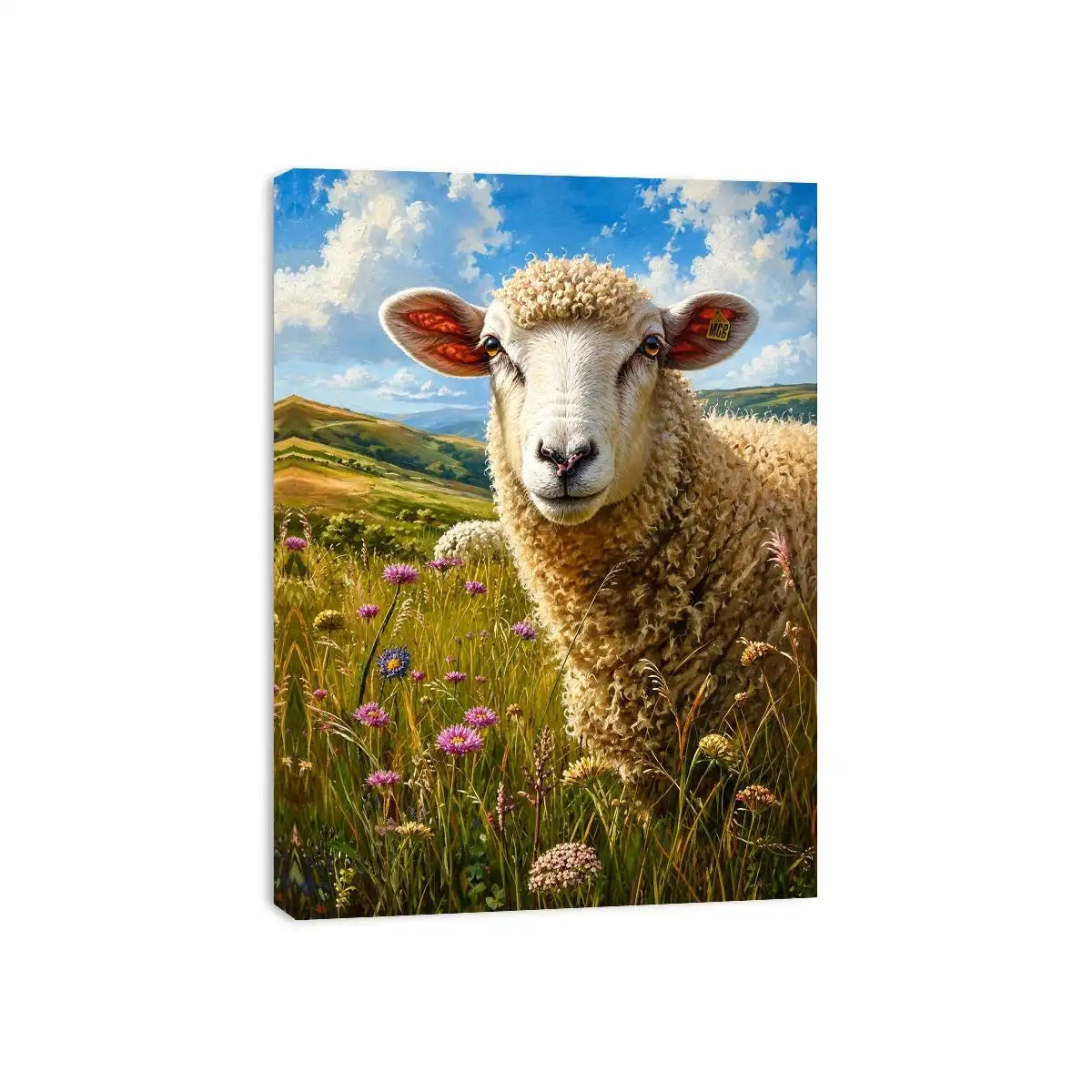 Peaceful sheep meadow wall art with wildflowers and soft countryside farmhouse landscape