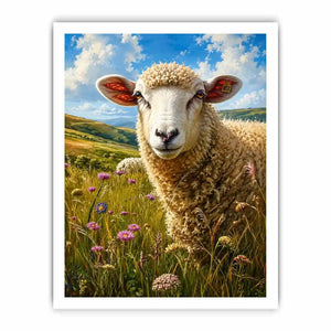 Peaceful sheep meadow wall art with wildflowers and soft countryside farmhouse landscape