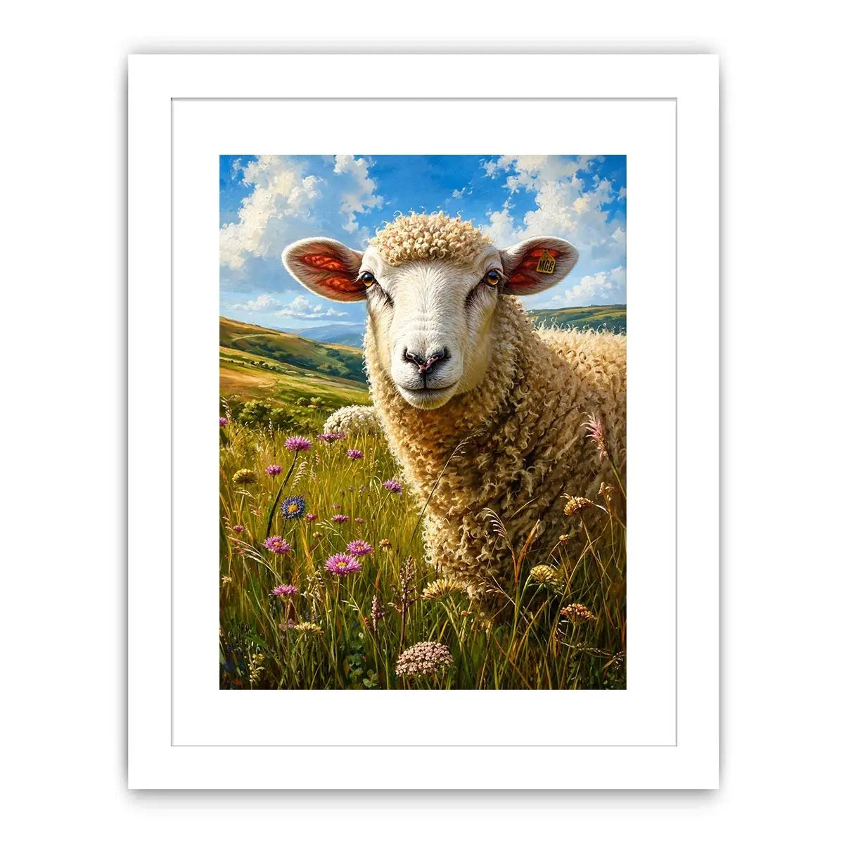 Peaceful sheep meadow wall art with wildflowers and soft countryside farmhouse landscape