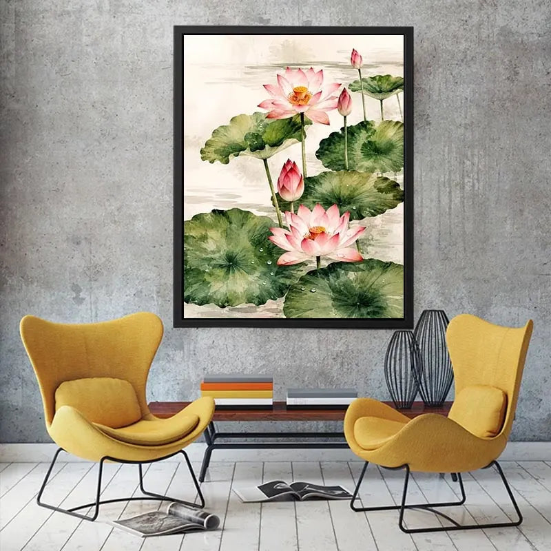 Minimal lotus flower wall art with soft watercolor petals and elegant zen botanical composition