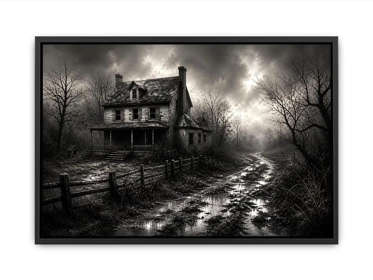 Black and white painting of an abandoned farmhouse with foggy rural landscape