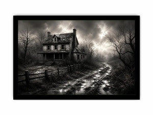 Black and white painting of an abandoned farmhouse with foggy rural landscape