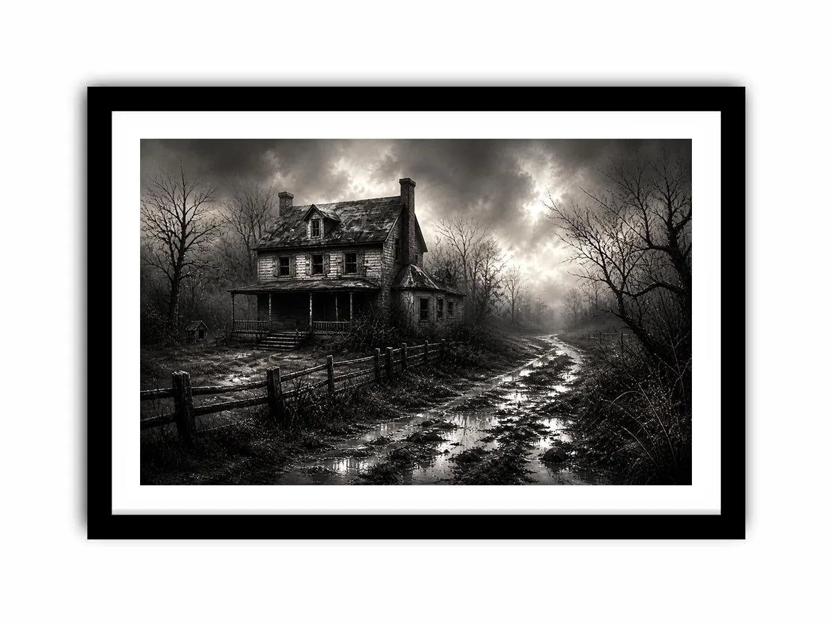 Black and white painting of an abandoned farmhouse with foggy rural landscape