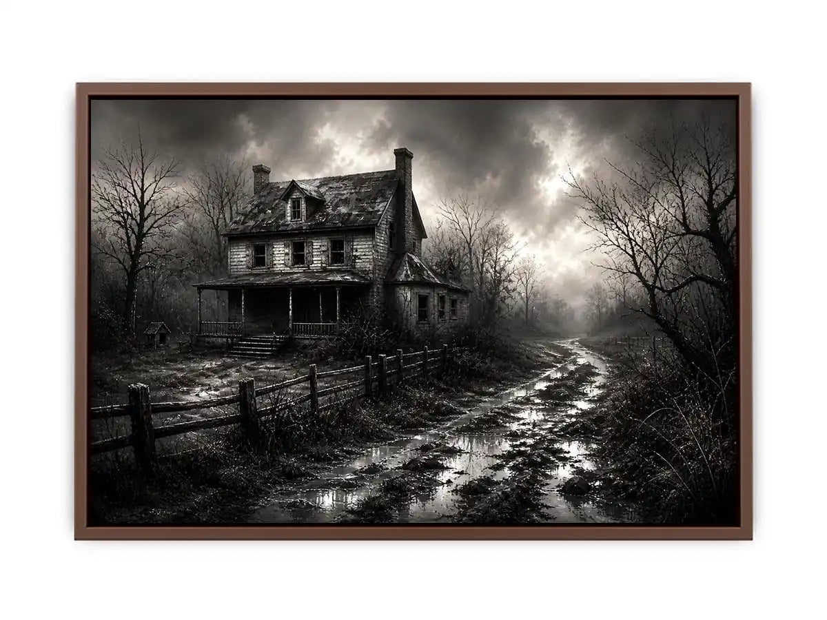 Black and white painting of an abandoned farmhouse with foggy rural landscape