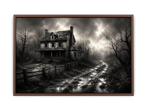 Black and white painting of an abandoned farmhouse with foggy rural landscape