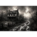 Black and white painting of an abandoned farmhouse with foggy rural landscape