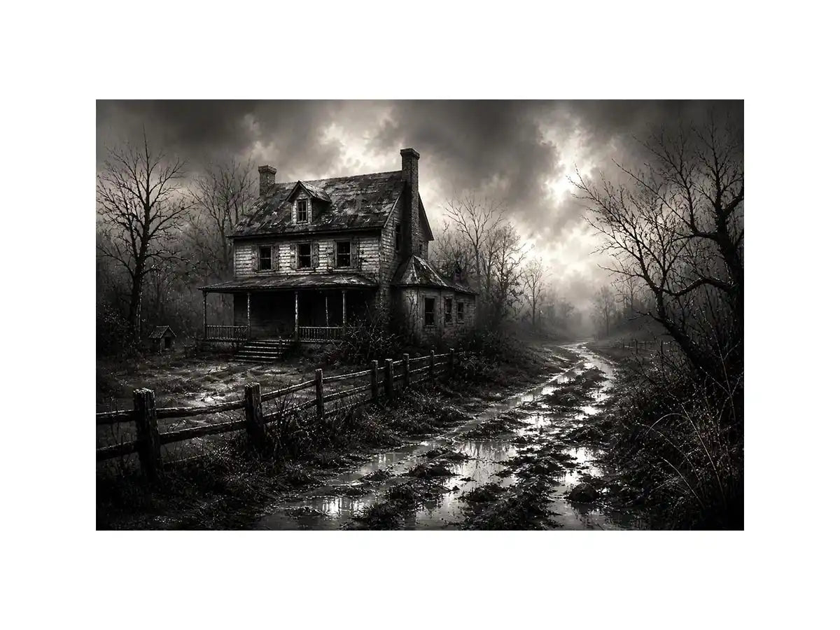 Black and white painting of an abandoned farmhouse with foggy rural landscape