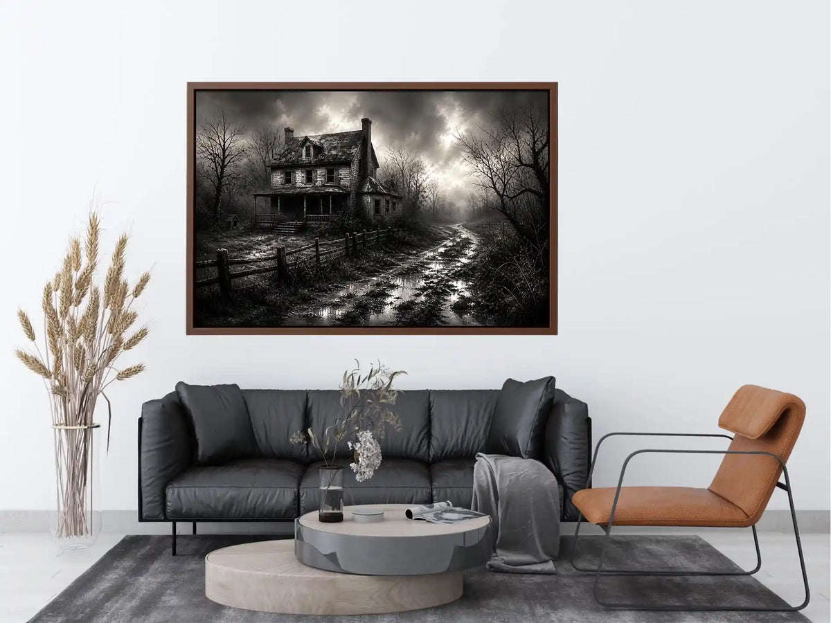 Black and white painting of an abandoned farmhouse with foggy rural landscape