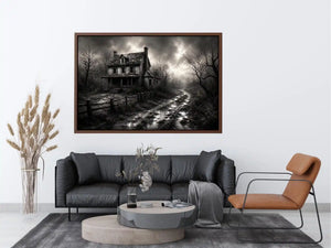 Black and white painting of an abandoned farmhouse with foggy rural landscape