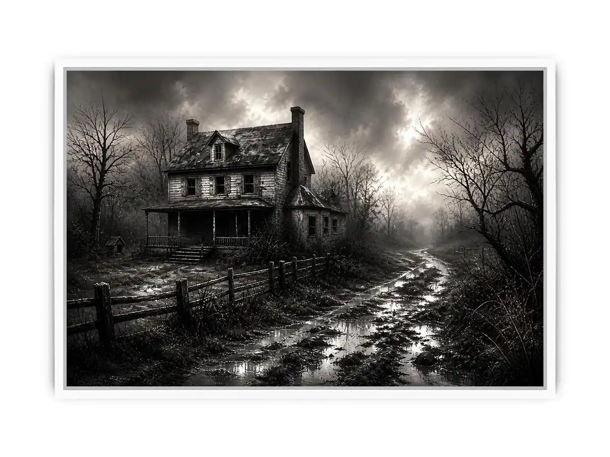 Black and white painting of an abandoned farmhouse with foggy rural landscape