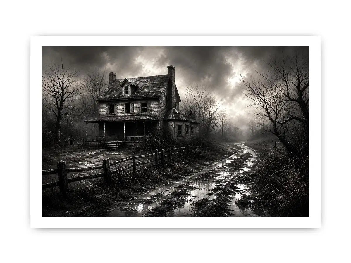 Black and white painting of an abandoned farmhouse with foggy rural landscape