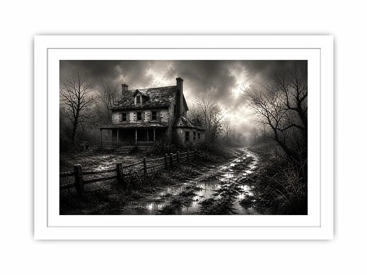 Black and white painting of an abandoned farmhouse with foggy rural landscape