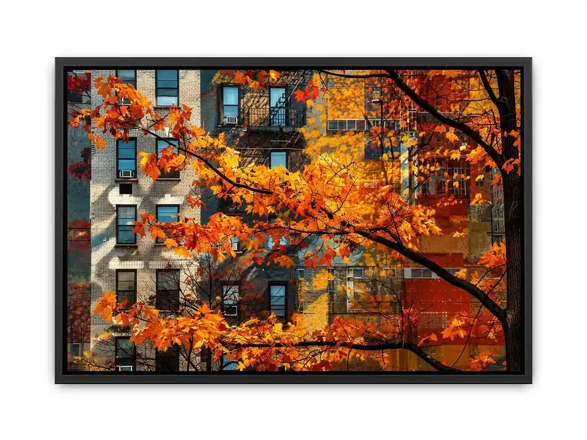 Modern autumn city wall art with vibrant orange leaves and layered urban architecture backdrop